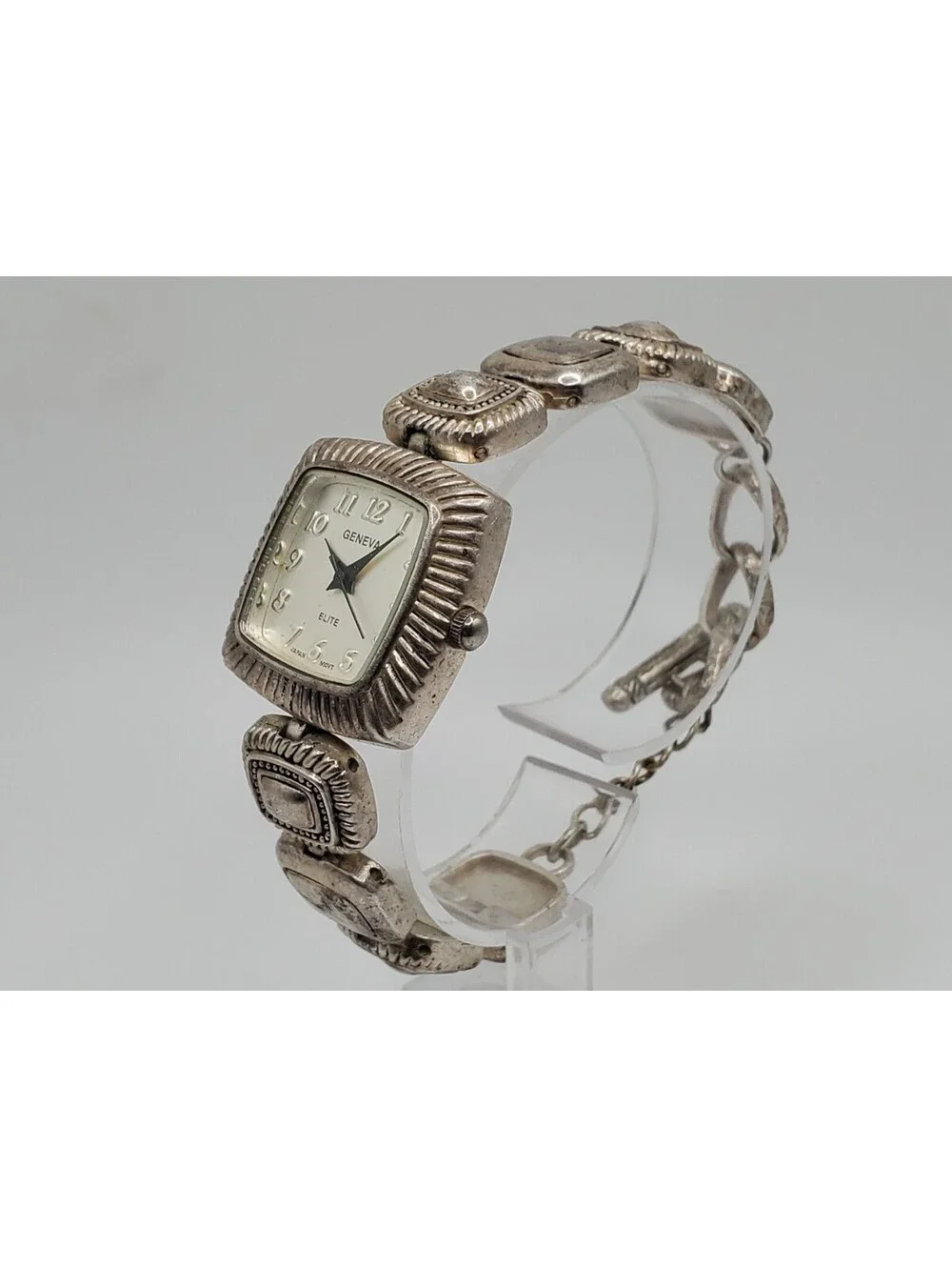 Geneva Elite Watch Women 26mm Square Silver Tone Square New Battery